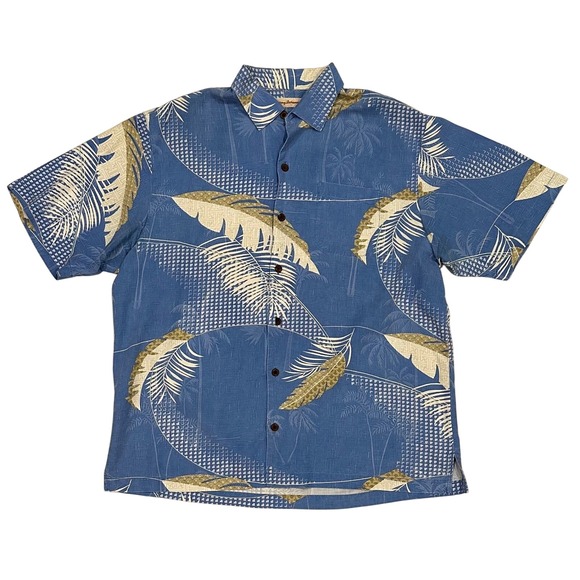 Tommy Bahama XL Silk Blue Hawaiian Shirt Palm Tree Print Mens - Picture 1 of 8